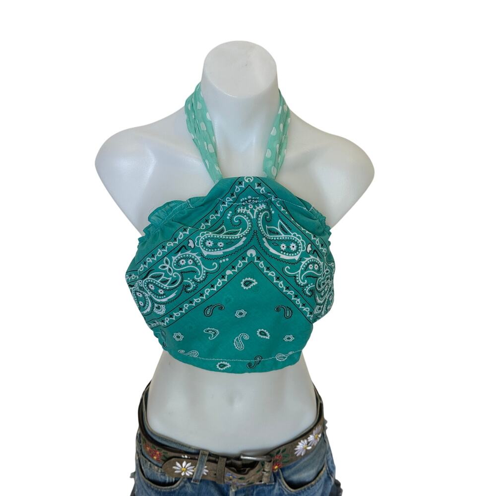 Teal Green Bandana Halter Crop Top One Size Festival Western Handcrafted NEW